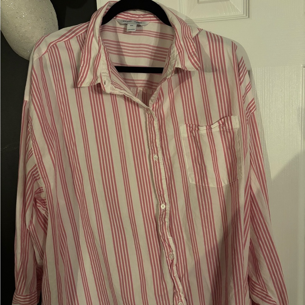 Old Navy Pink and White Striped Women's Button Down Shirt